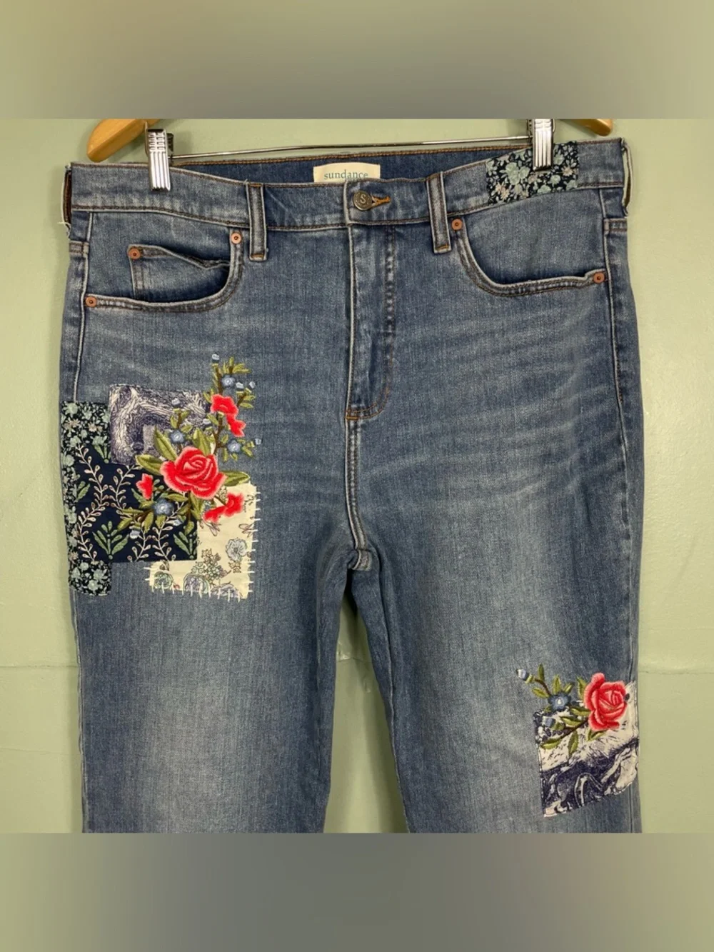 Sundance Embroidered Jeans Patch Work Floral Women Sz 31 Blue Straight Leg - Picture 3 of 10